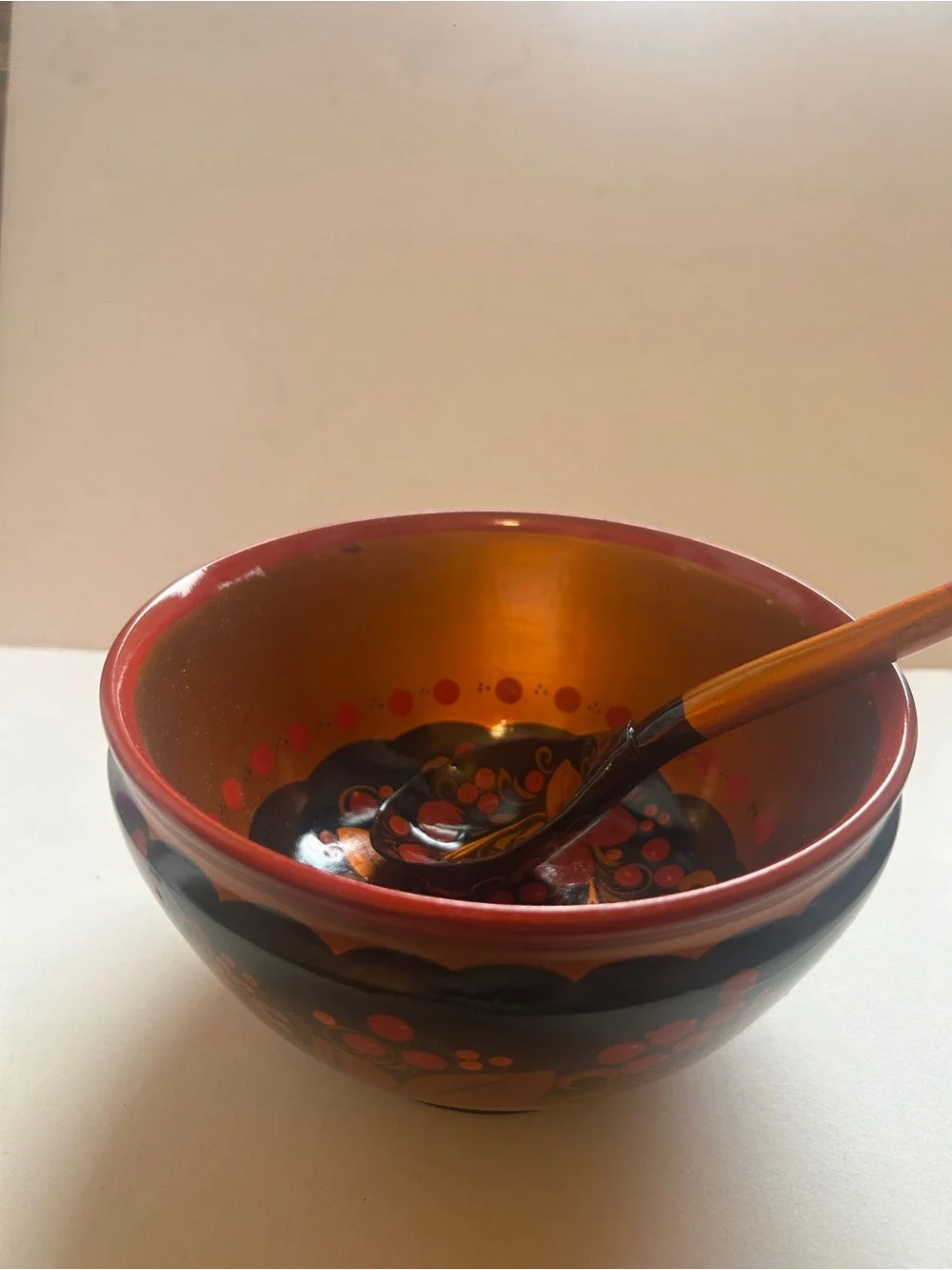 Hand-Painted Red and Black Decorative Serving Bowl with Spoon
